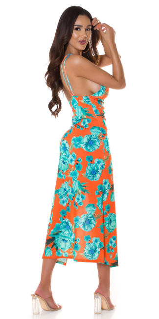 Summer Dress with XL Leg Slit and flower print Orange